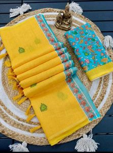 Yellow & Blue Floral Linen Saree