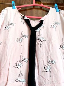 Floral Print Top with Bow Tie- Size L