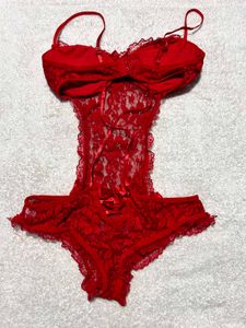 Red Lace Cut-Out Bodysuit (Free Size)