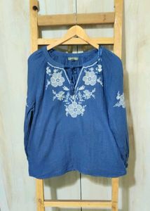 Grey Embroidery Work Cotton Top Size-40