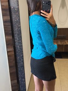 Sparkling sequins Blue fine Knit Sweater