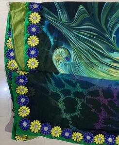 Floral Trim Green &amp; Blue Saree