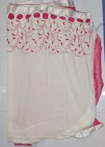Elegant Pink &amp; Creme colour Embroidered Saree