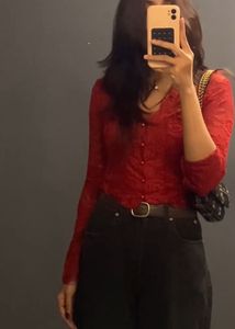 Red Lace Long Sleeve Top