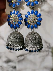 Women Fashion Earrings Blue Stones Oxidised Silver