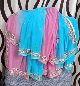 Rich Maggam Stone Work Chunni In Pink &amp; Sky Blue