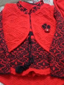 Red Knitted Girls Cardigan Set