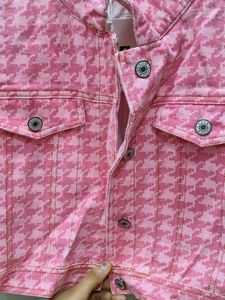 Pink Houndstooth Denim Jacket