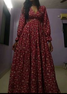 Women Red Crepe V-Neck Floral Print Maxi Dress