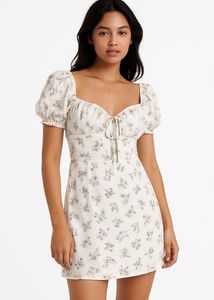 White Floral Puff Sleeve Mini Dress