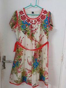 Cream Dress With Red Lace Around Waist