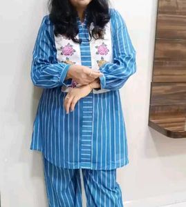 Blue Striped Floral Embroidered Pajama Set