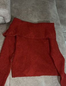 Rust Ribbed Knit Off-shoulder Cardigan
