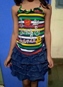 Girls&#39; Striped Top &amp; Denim Ruffle Skirt Set