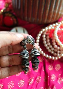 Oxidized Silver Jhumka Earrings