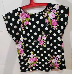 Chic Black Polka Dot & Floral Printed Top