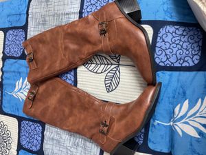 Brown Buckle Accent Knee High Boots