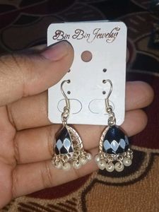Navy Blue With White Pearl Jhumka Earrings
