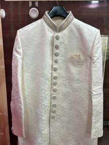 Mens White Sherwani With Red Velvet Dhoti