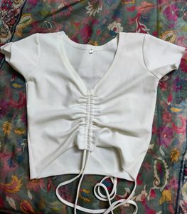 White Crop Top With From Ribbed And Tie