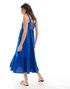 NEW LOOK Square Neck Back-Tie Midi Dress in Blue