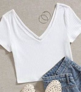 Double V-Neck Rib Knit White Top (Size M)