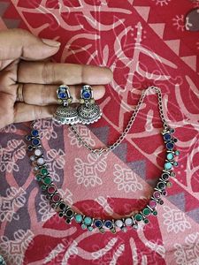 Oxidized Multicolor Stone Jhumka & Necklace Set