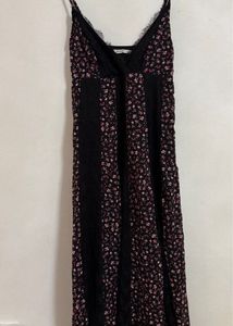 Black Floral Lace Trim Midi Slip Dress