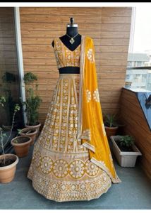 Mustard Embroidered Semi Stitched  Lehnga Choli