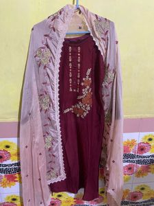Wedding Wear Maroon Kurti Dupatta Set