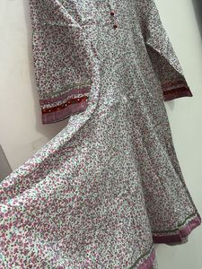 White Anarkali With Pink Flowers