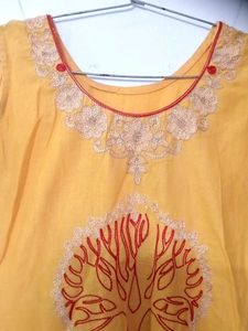 Yellow Embroidered Sleeveless Kurti