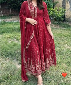 Red Anarkali Suit Set With Pant Dupatta