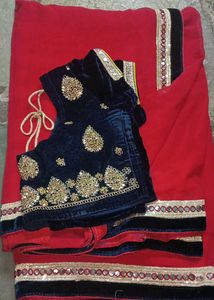Red Mirror Work Saree With Makhmal Border
