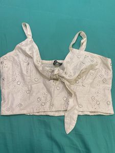 Embroidered Tie-Front Crop Top