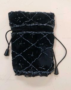 Black Beaded Drawstring Potli Bag Pouch