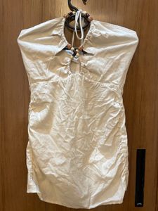 Cream Halter Ruched Mini Dress with Bead Detailing