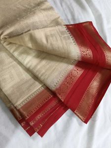 Elegant Cream &amp; Red Saree