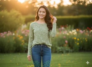Green Patterned Long Sleeve Top