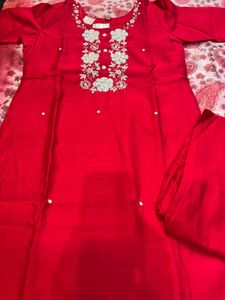Red Embroidered Kurta Pant Set - Size M