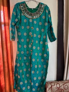 Teal &amp; Gold Embellished Kurti