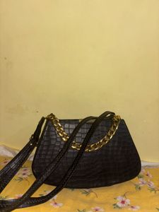 Black Faux Croc Shoulder Bag with Gold Chain