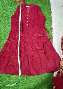 Maroon Corduroy Tiered Dress with pants