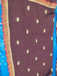 Woman  Embroidery Brown And Golden Saree