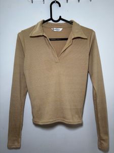 Ribbed Beige Formal Top/ Tshirt With Collar