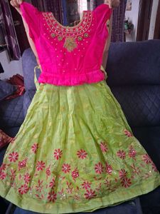 Girls Pink and Green Embroidered Frock