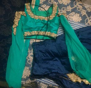 Embroidered  Green &amp; Gold Lehenga with Sleeves