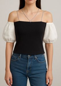 Off shoulder top with rhinestone neckline