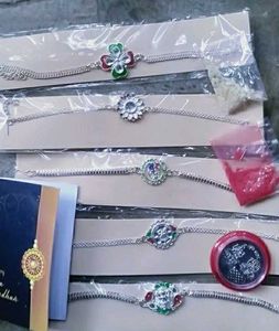 Designer 5 Rakhiya, Chawal, Roli, Greeting Card
