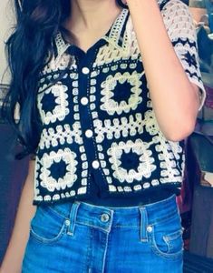 Patch Print Cropped Crochet Top